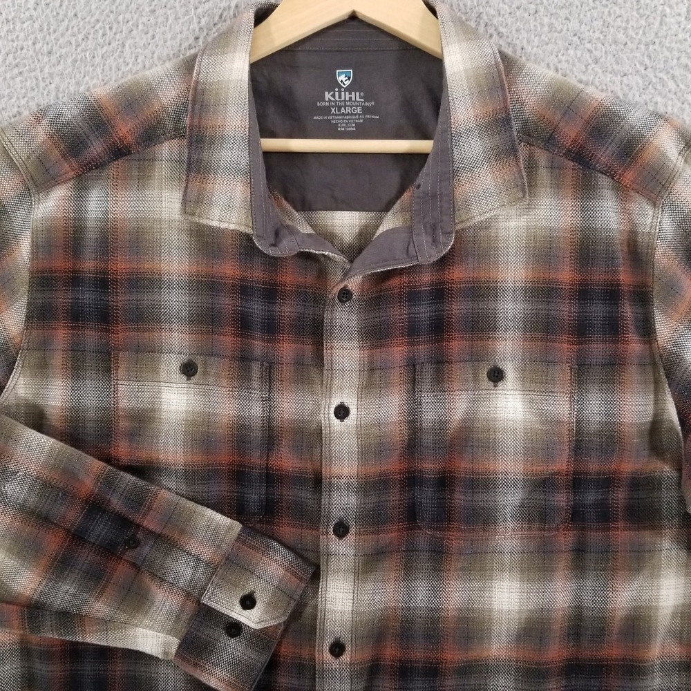 Kuhl Shirt Mens XL Brown Plaid The Law Flannel Outdoor Hiking Workwear Button Up